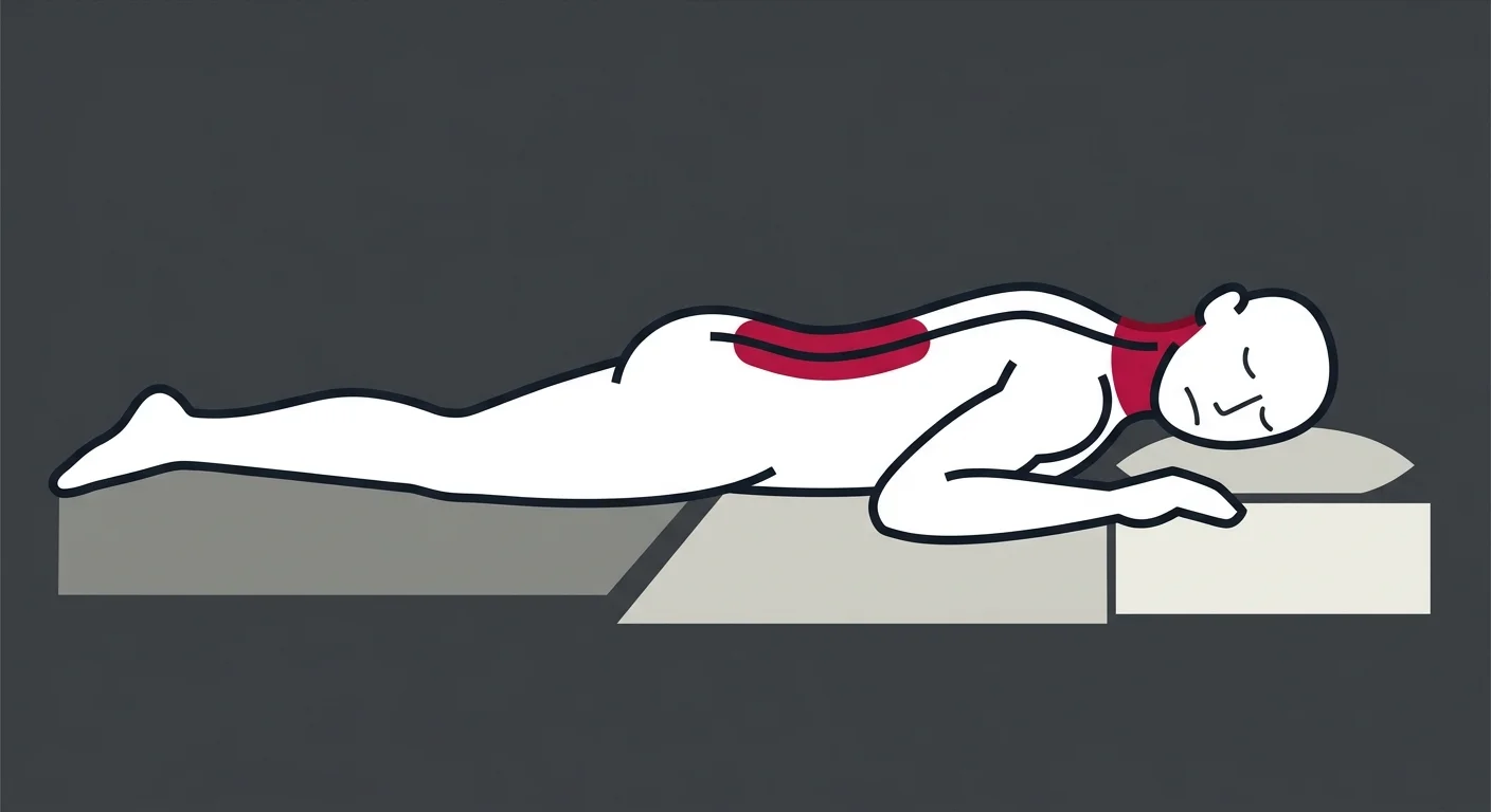 flat illustration showing how stomach sleeping flattens the lumbar curve and twists the neck causing herniated disc pain