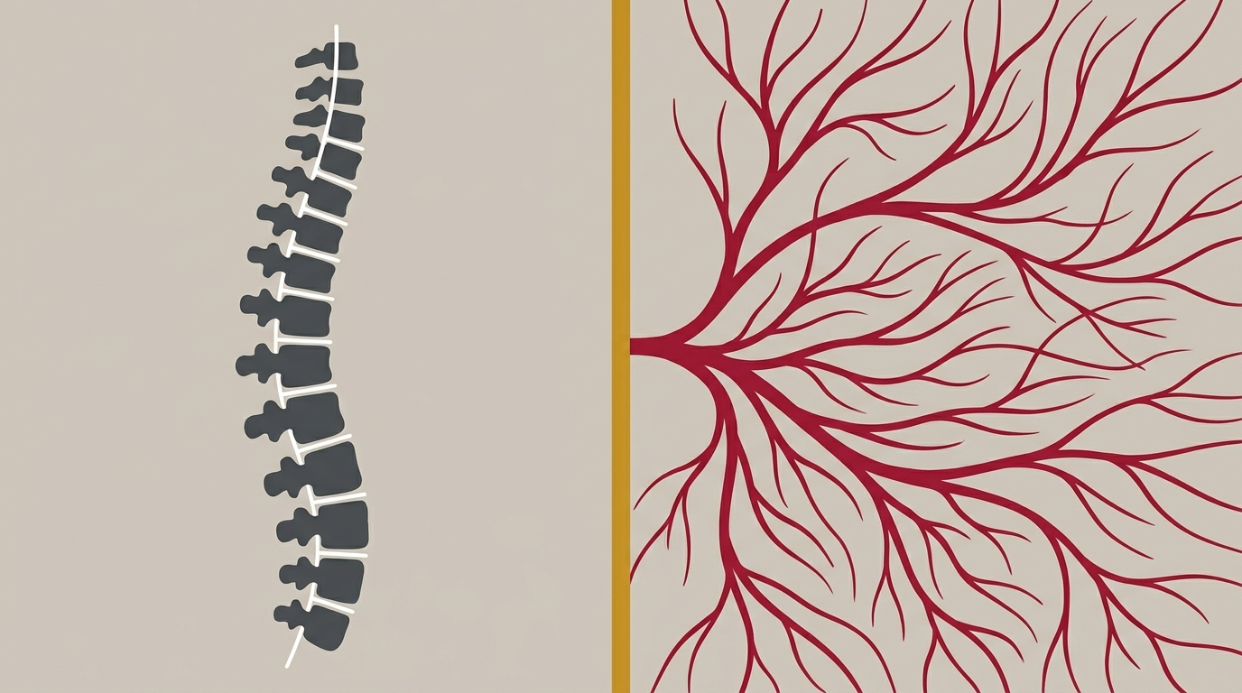 flat illustration comparing the spine as a structural frame with the nerve ecosystem showing how neuropathy requires more than spinal alignment