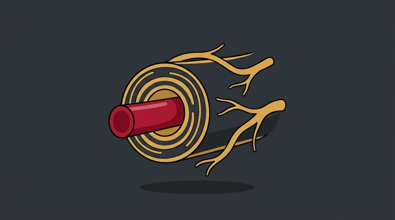 flat illustration of a peripheral nerve cross section with blood vessels showing the supply chain of nerve health