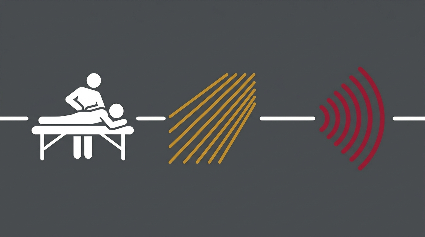 flat illustration showing the three components of the nerve restoration protocol including chiropractic adjustment cold laser therapy and shockwave therapy