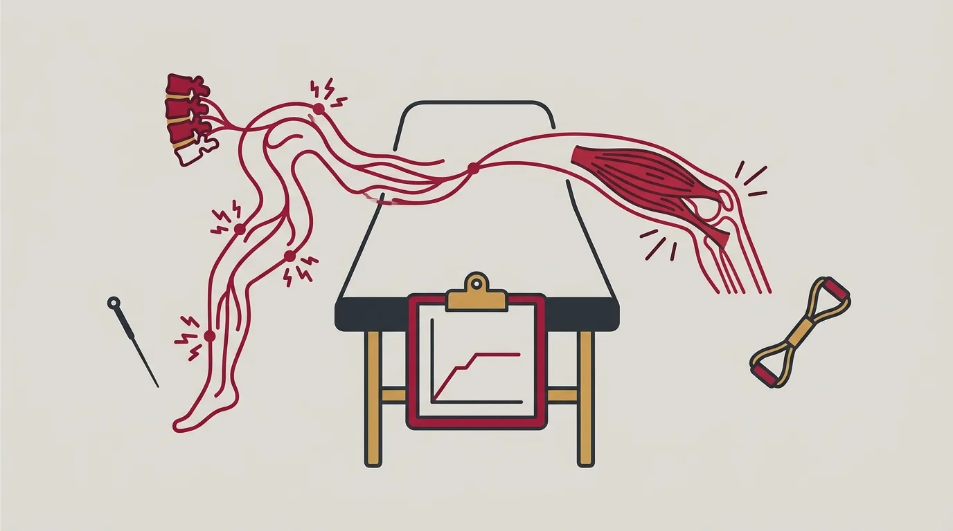 Nerve pathway and muscle fiber shown as separate pain sources