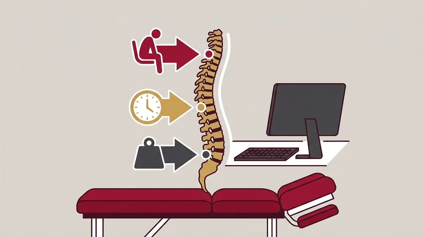 Spine diagram showing multiple distinct desk posture stress points