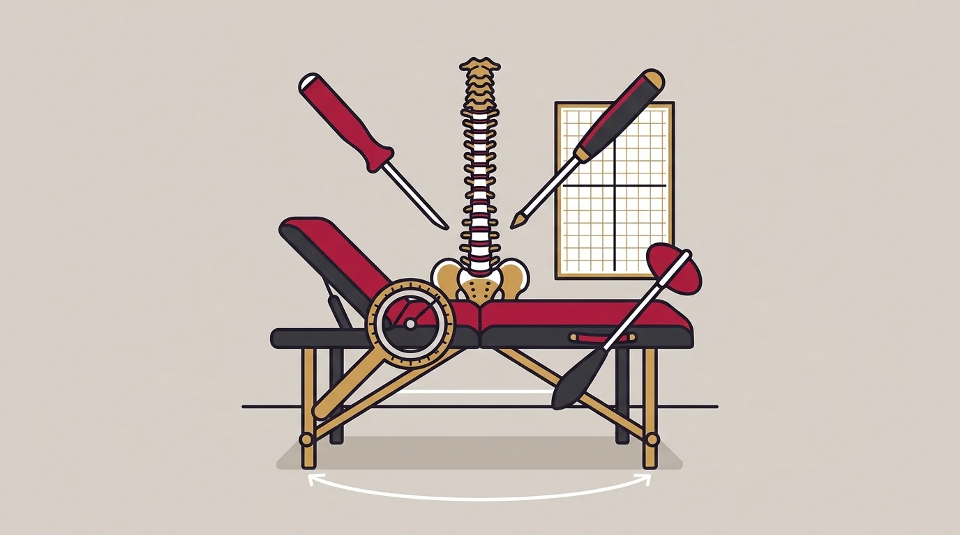 Exam table with a spine model, reflex hammer and joint-motion tools
