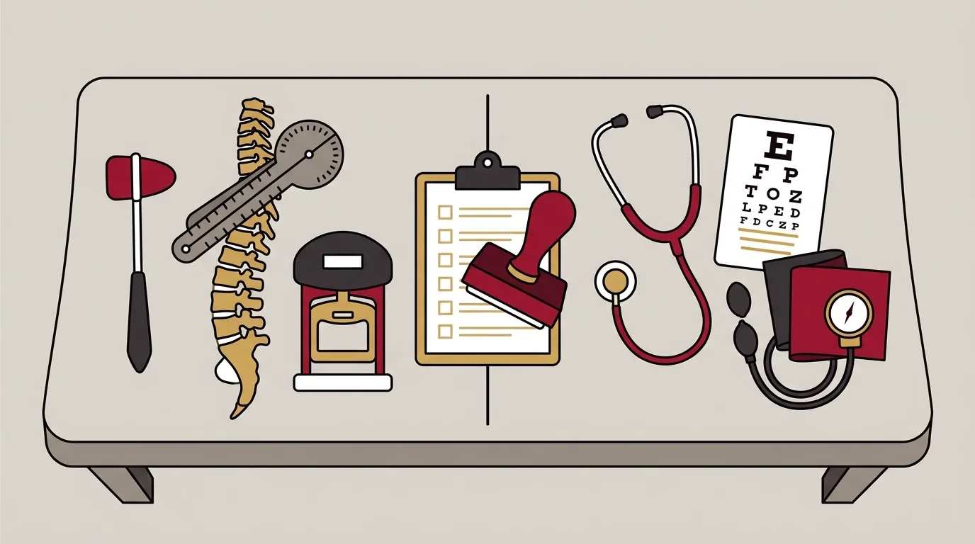 Chiropractic exam tools beside general medical tools and a checklist