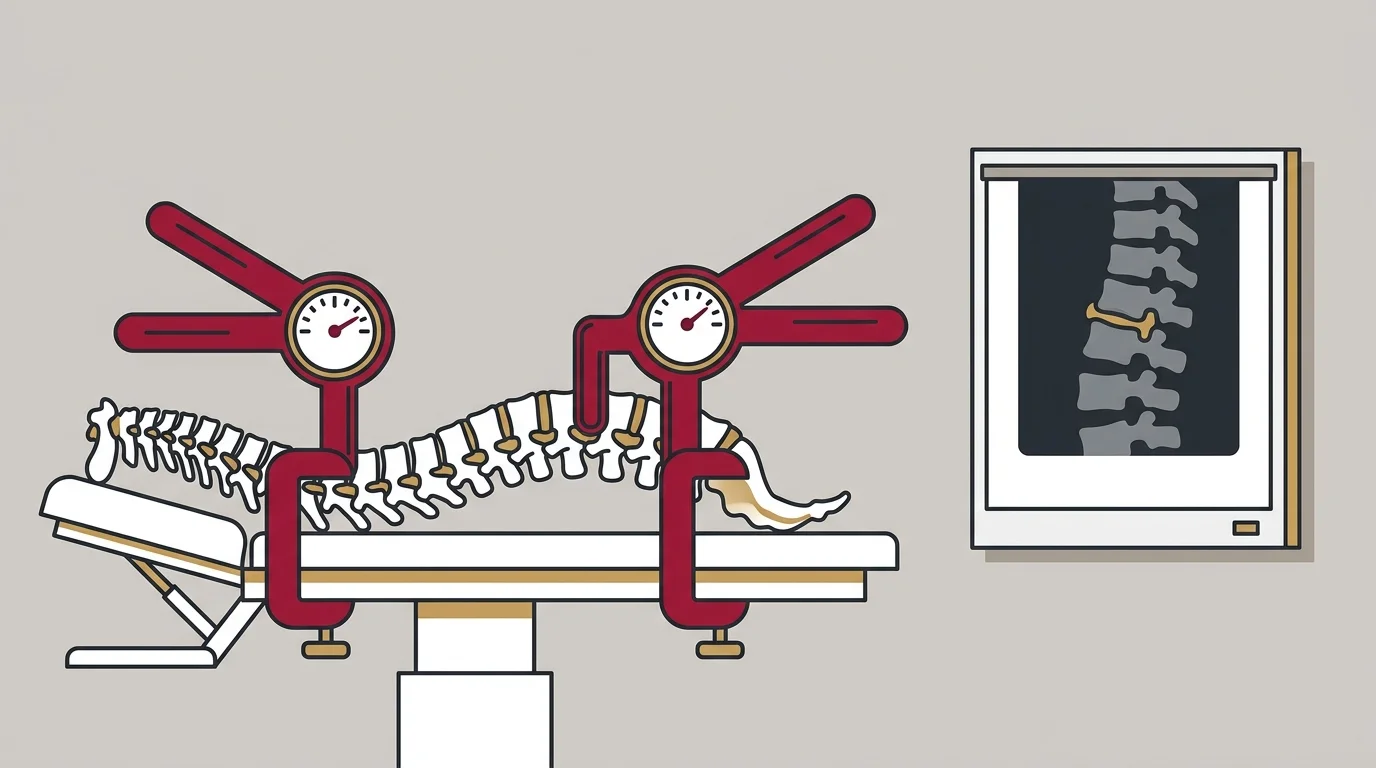 Spine on an exam table with two gauges measuring its motion
