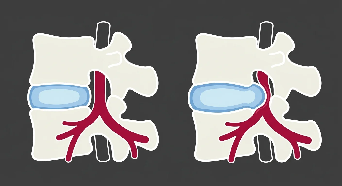 flat illustration comparing a healthy spinal disc to a bulging disc with nerve compression in the lower back