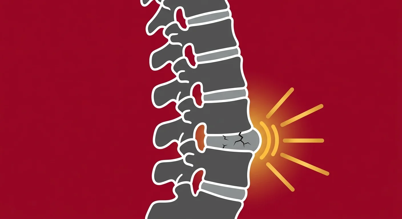 flat illustration of lumbar spine with stressed disc showing warning signals of potential disc re-injury