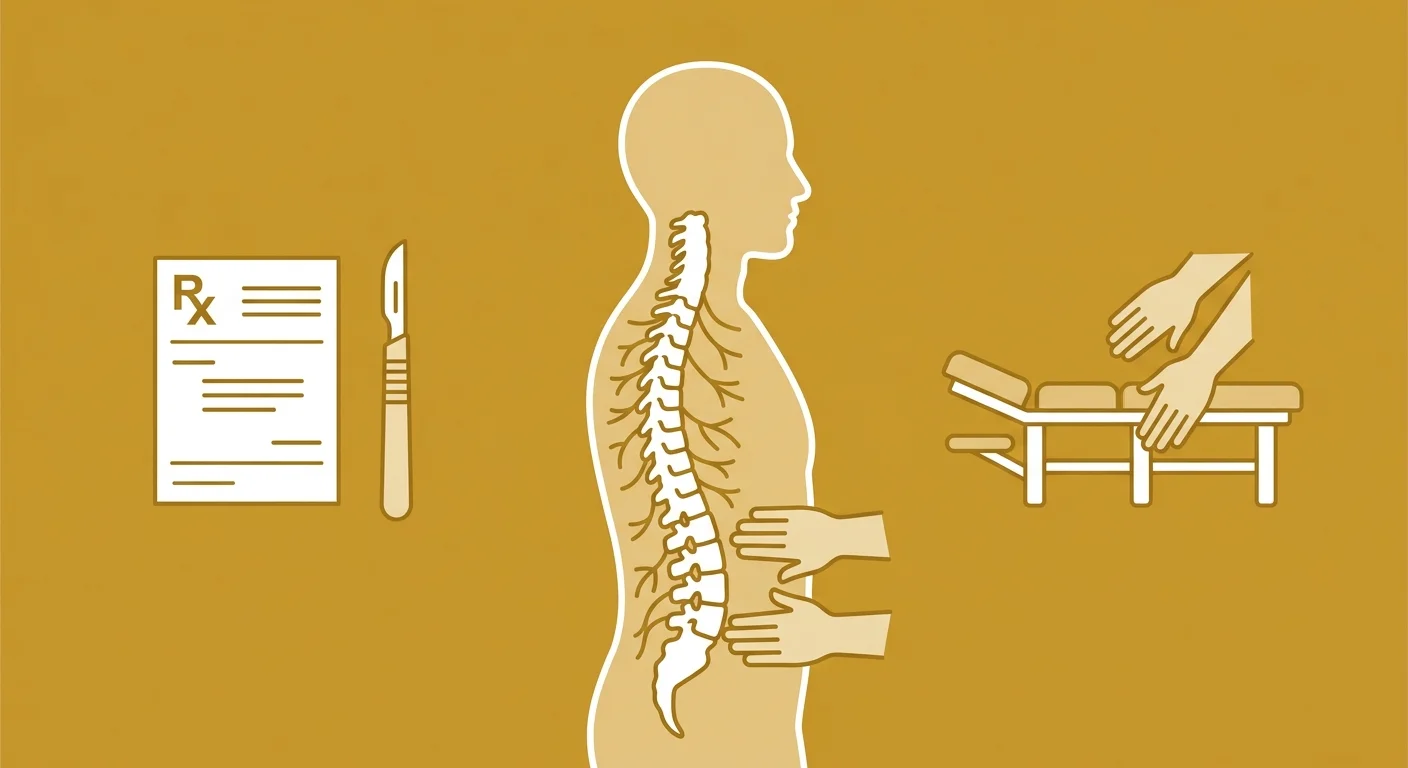 flat illustration comparing medical management approach and chiropractic approach to spine care