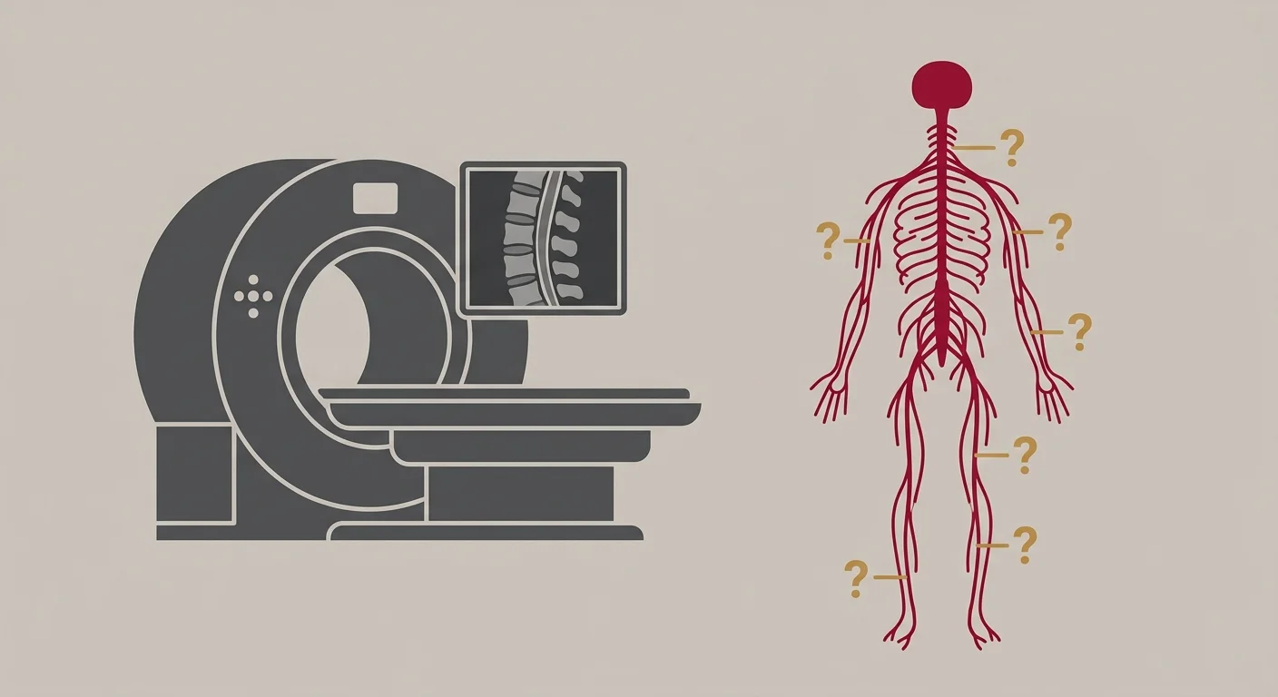 flat illustration of MRI technology compared to nervous system function showing what imaging can and cannot measure
