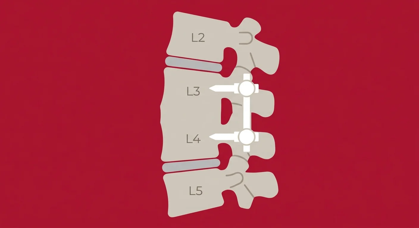 flat illustration of spinal fusion surgery showing two vertebrae permanently joined with hardware