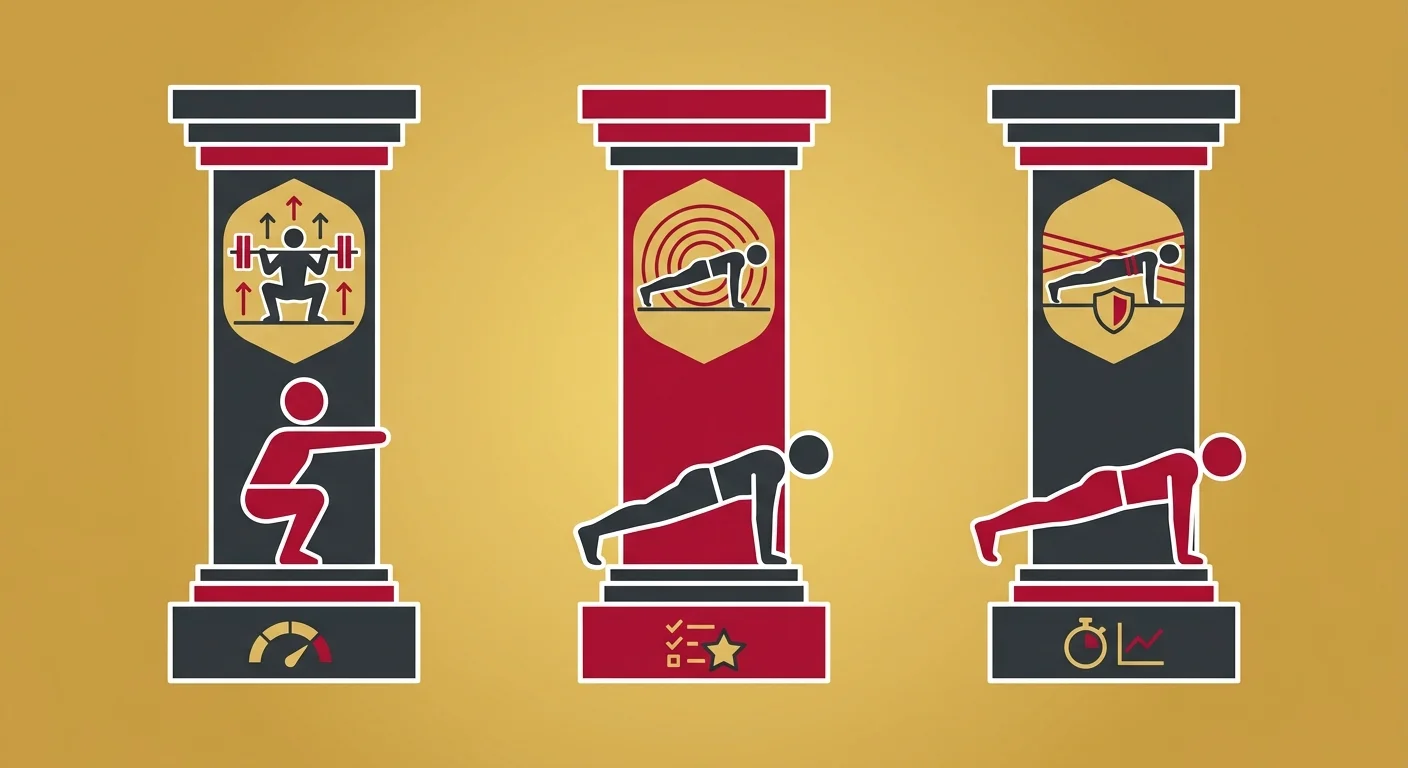 flat illustration of three foundational pillars representing core exercise posture and professional assessment for long-term spinal health