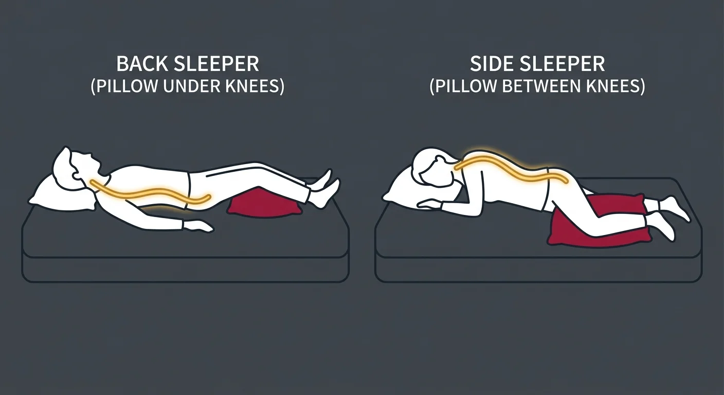 flat illustration showing back sleeping position with pillow under knees and side sleeping position with pillow between knees for herniated disc recovery