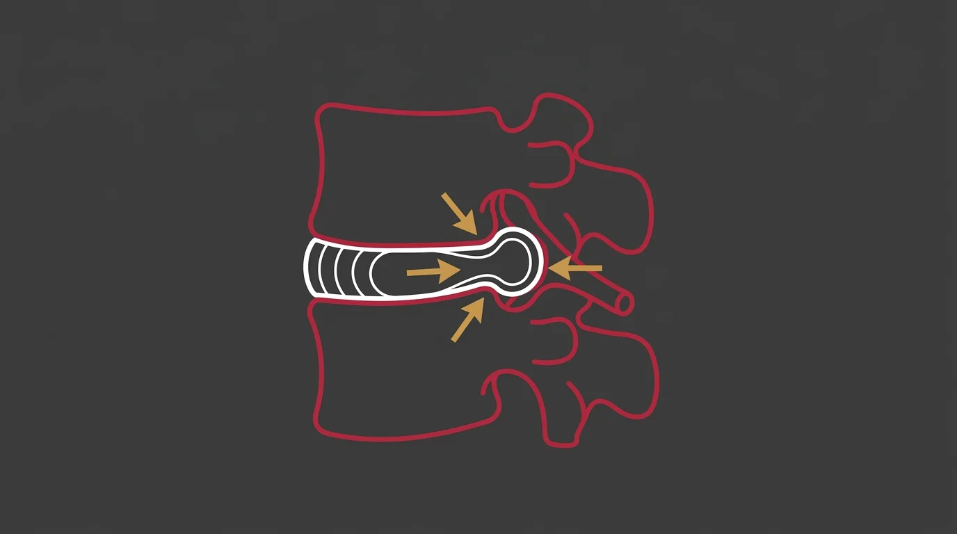 flat illustration showing how herniated disc material compresses spinal nerve