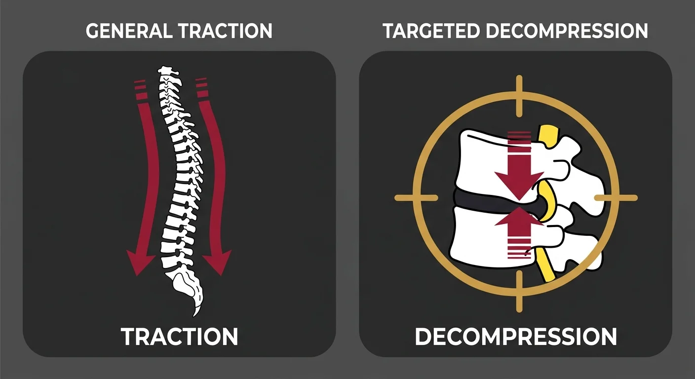 flat illustration comparing basic spinal traction to targeted disc decompression therapy