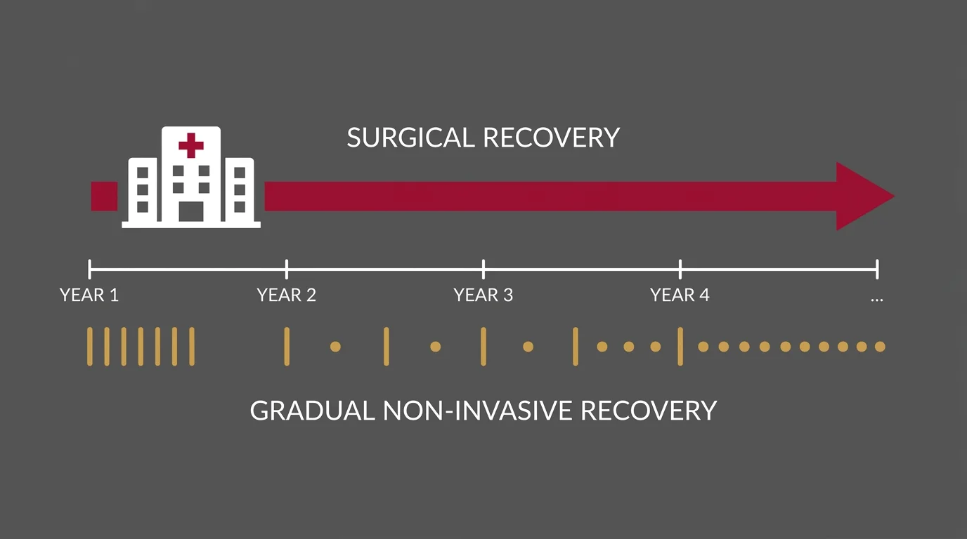 flat illustration comparing recovery timelines for spinal fusion surgery versus non-invasive disc recovery