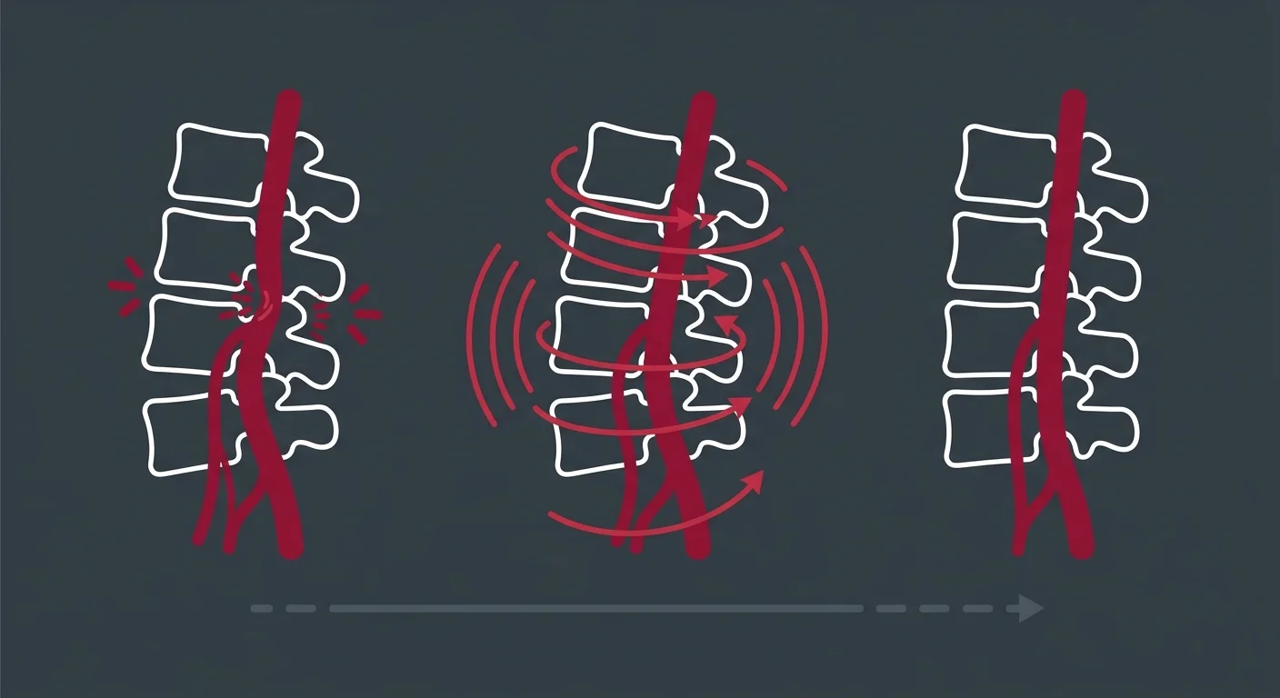 flat illustration showing the three-layer chiropractic process of decompression nerve restoration and mechanical correction for herniated discs