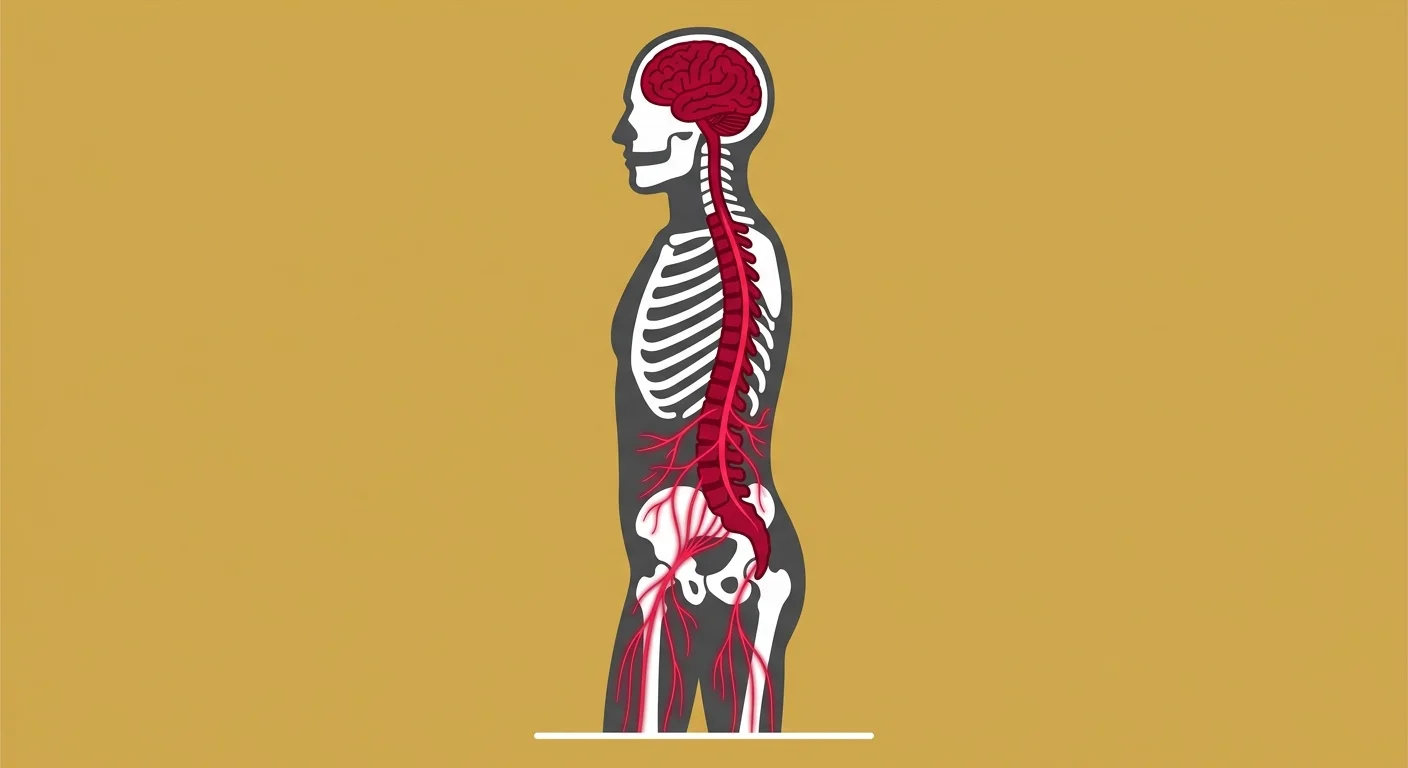 flat illustration showing brain and spinal cord connection to lumbar spine nervous system control