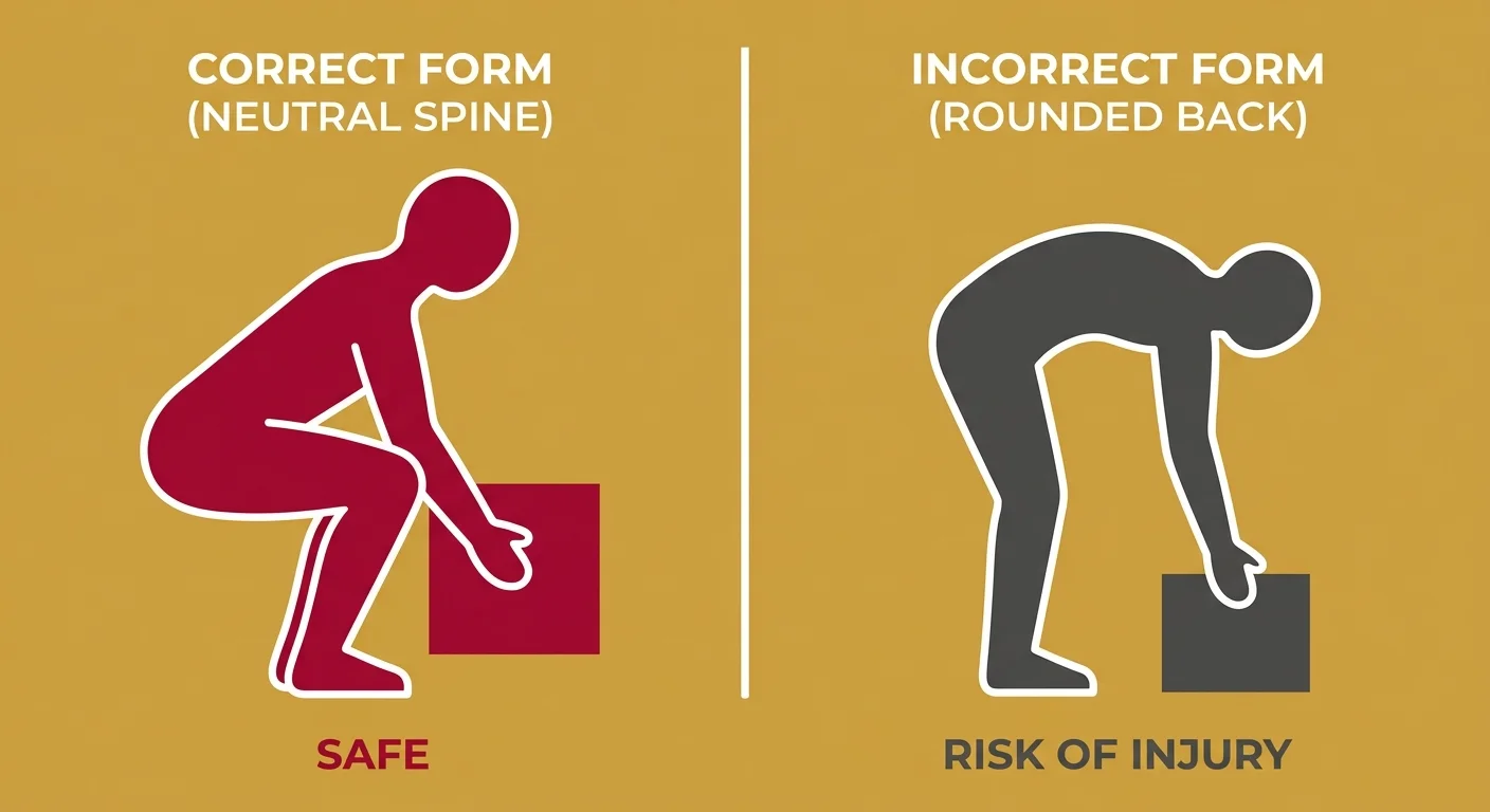 flat illustration comparing proper hip hinge lifting technique to incorrect rounded spine lifting posture