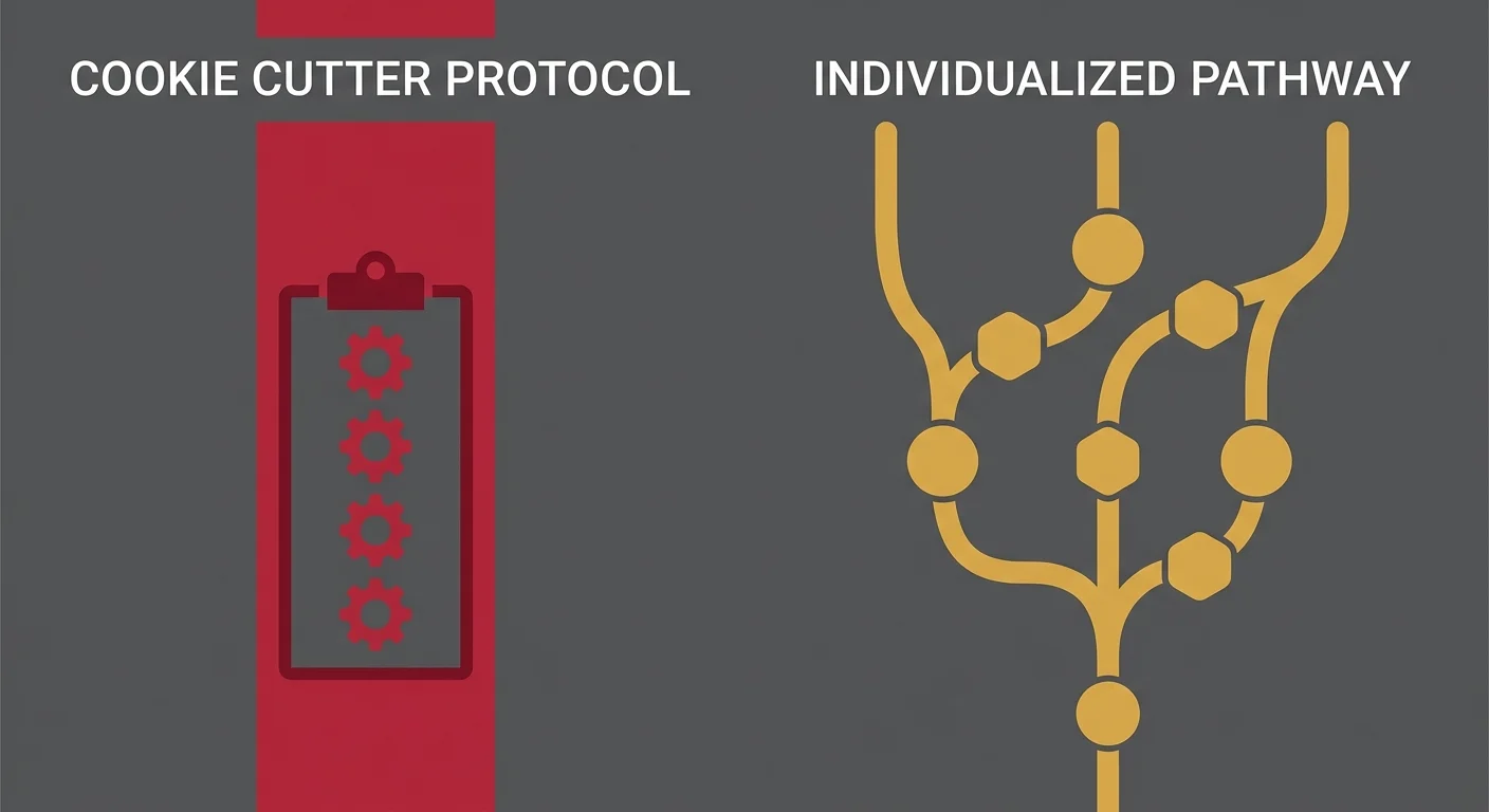 flat illustration of volume-first healthcare model where every patient receives identical protocol without assessment