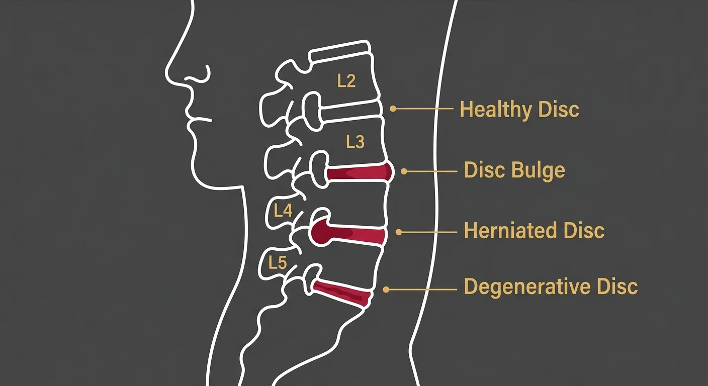 flat illustration of common disc conditions that respond to non-surgical therapy including herniation and bulging