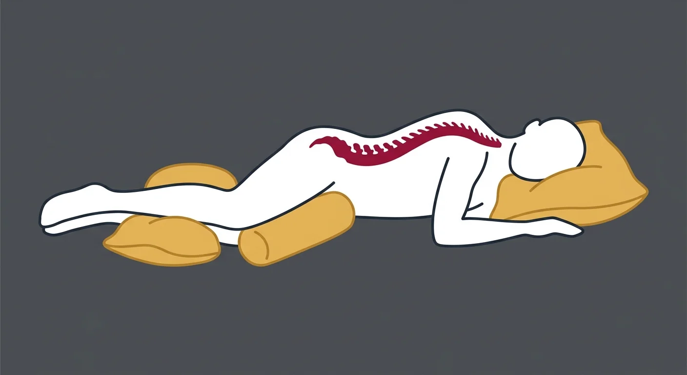 flat illustration of strategic pillow placement for back and side sleeping to support spinal alignment during herniated disc recovery