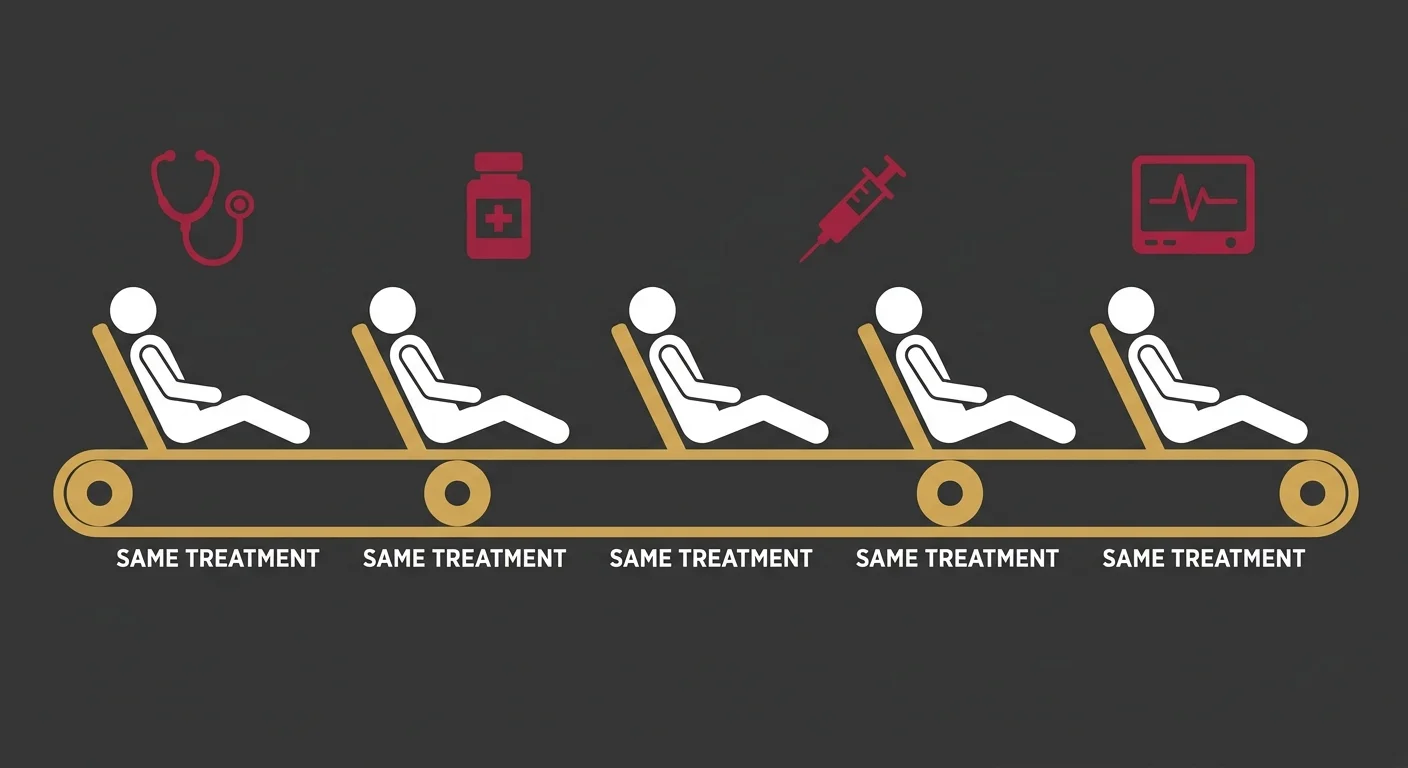 flat illustration showing the problem with cookie-cutter chiropractic protocols applied to every herniated disc patient
