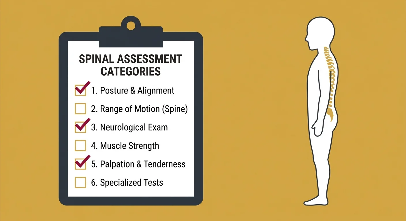flat illustration of comprehensive chiropractic assessment checklist showing functional evaluation categories