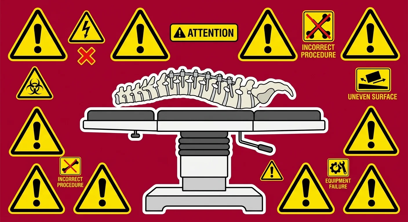 flat illustration showing spinal fusion surgery risks including adjacent segment disease and hardware complications