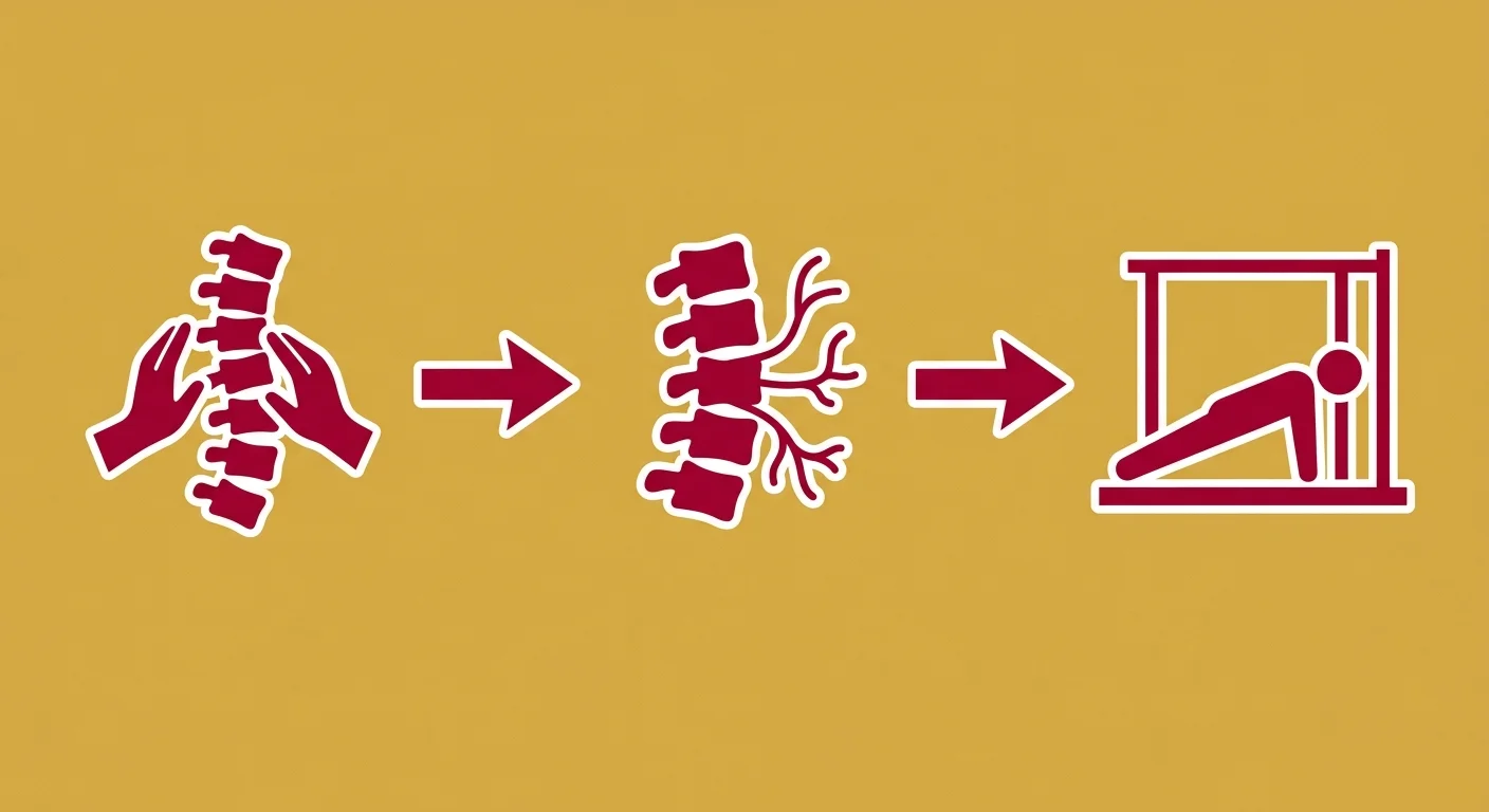 flat illustration of three step disc recovery process from spinal correction to nerve restoration to stability training