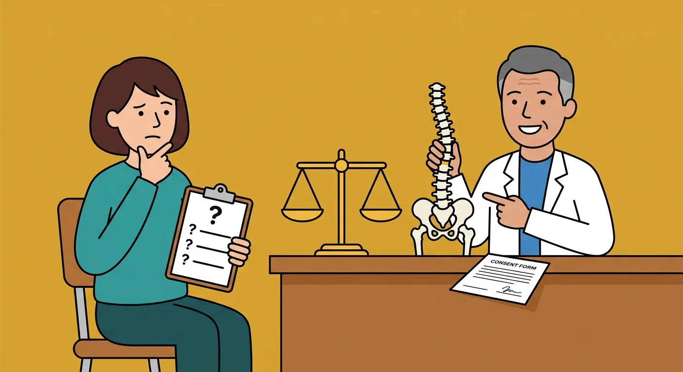 flat illustration of patient asking critical questions before consenting to back surgery