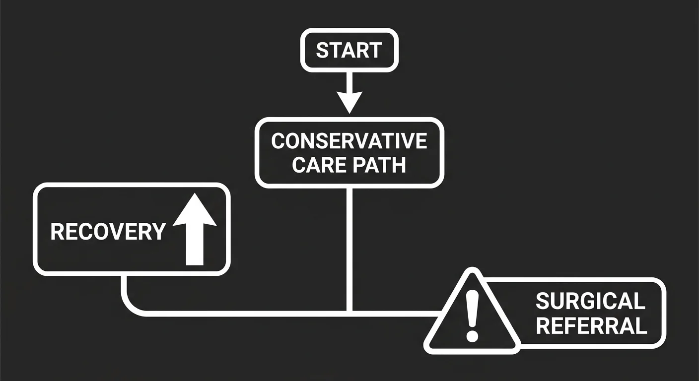 flat illustration of decision pathway from conservative care to surgical referral if needed