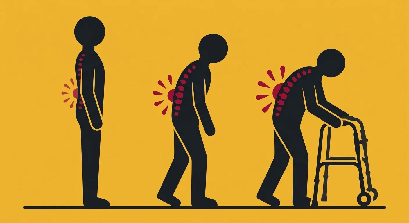 flat illustration showing progressive functional decline from untreated chronic disc pain in seniors