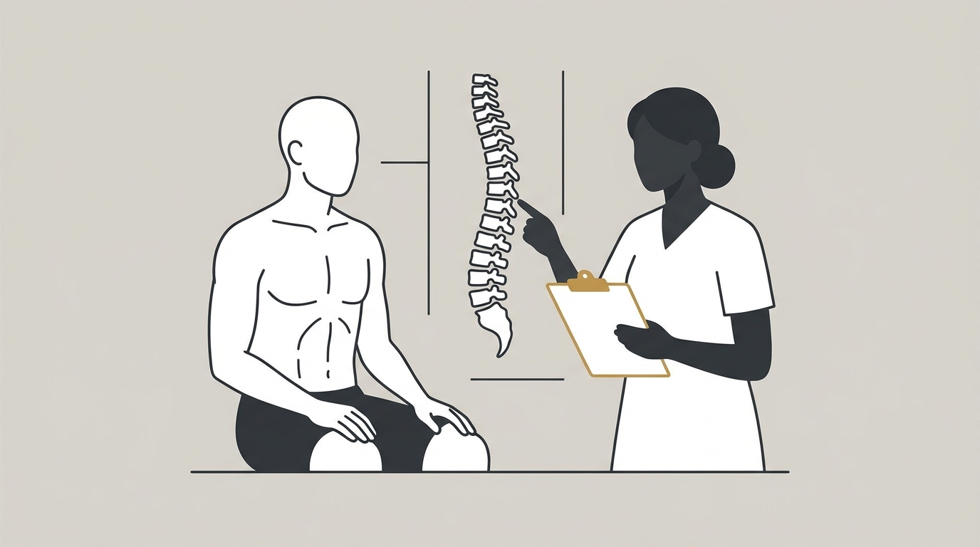 flat illustration of a clinical nerve assessment showing spinal nerve pathways mapped during a first patient evaluation