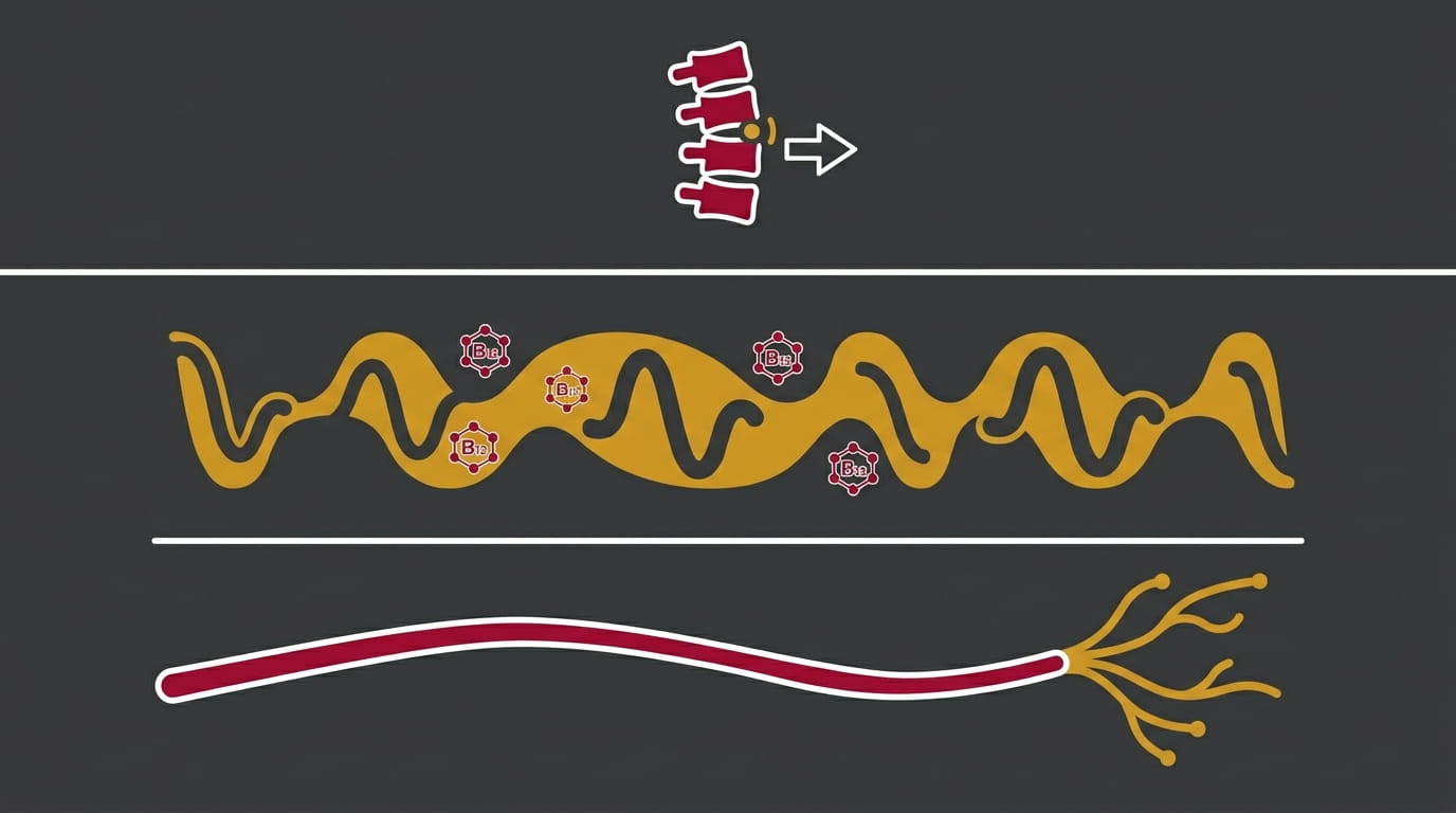 flat illustration of a three layer nerve restoration model showing structural chiropractic care nutrition supply and cellular nerve repair working together