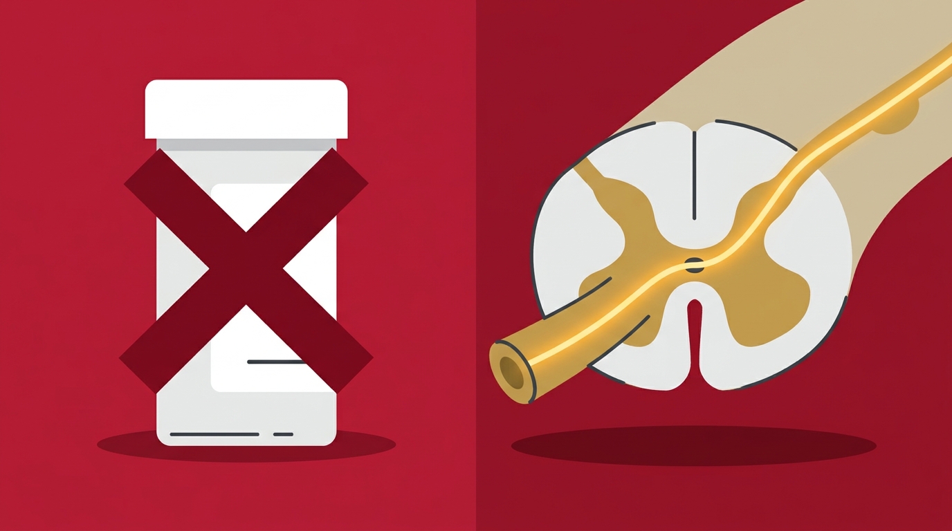 flat illustration of neuropathy medication pill bottle versus healthy nerve pathway restoration Morton IL