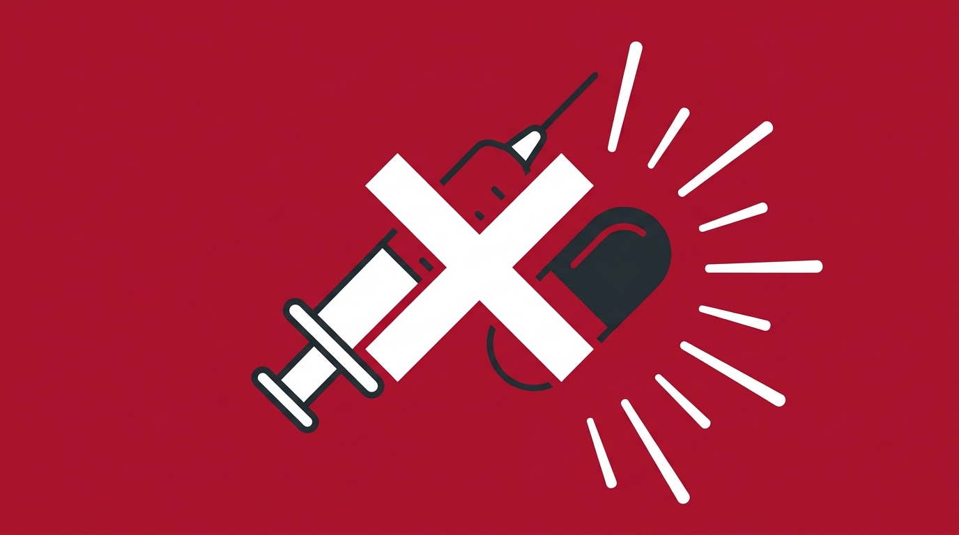 flat illustration of pain signal suppression concept showing alarm signs around pill shapes on a deep crimson red background