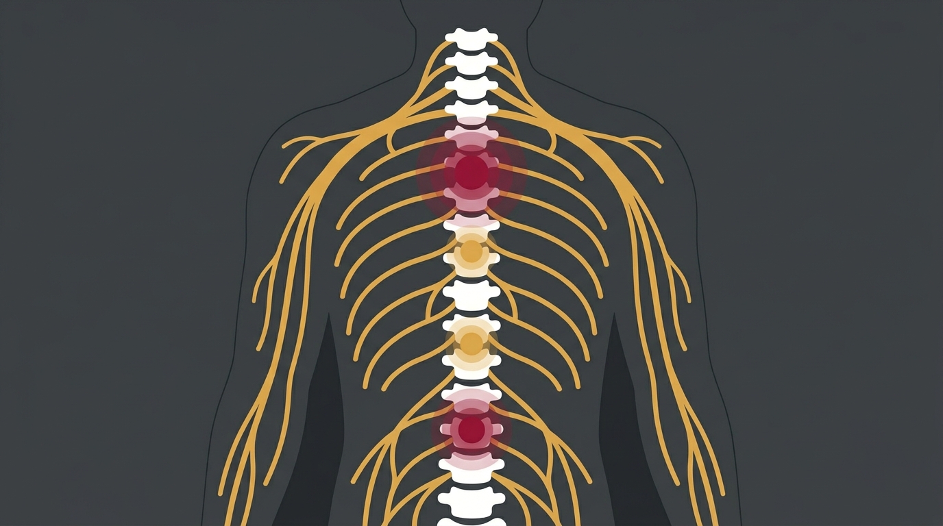 flat illustration of spinal nerve pathways and peripheral nerve branches highlighting the biological nerve environment