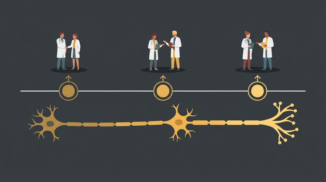flat illustration of three stage nerve restoration clinical roadmap with milestones for neuropathy care Morton Illinois