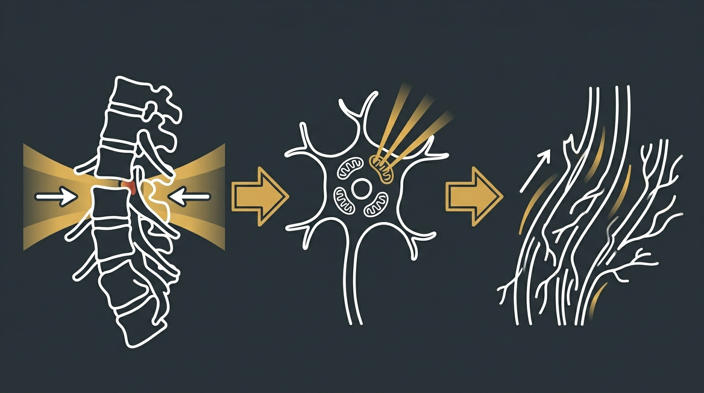 flat illustration of three stage nerve restoration protocol showing spinal decompression cold laser and shockwave therapy in sequence