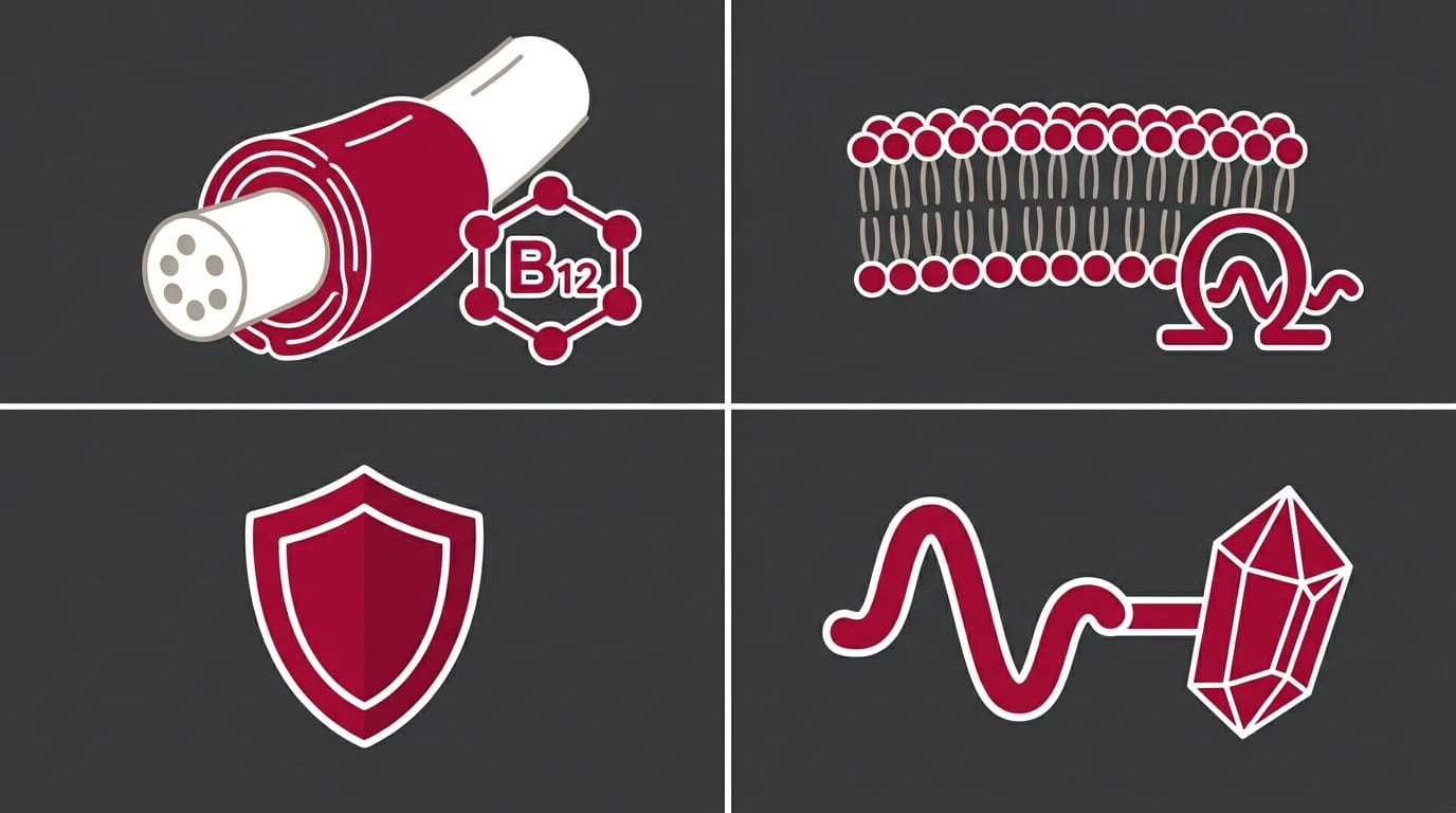 flat illustration showing four key nutrients for nerve repair including B12 omega 3 antioxidants and magnesium and their roles in nerve fiber regeneration