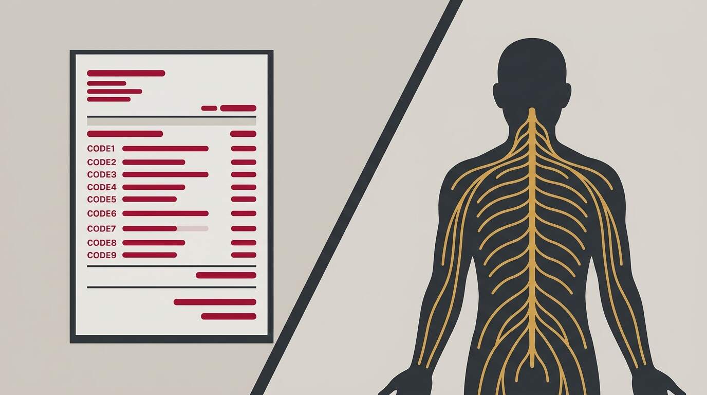 flat illustration showing the gap between insurance billing codes and individualized nerve restoration care