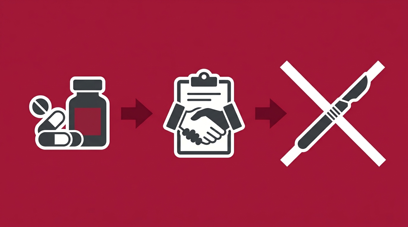 flat illustration showing the standard neuropathy referral pipeline from medication to surgery with a rejection mark