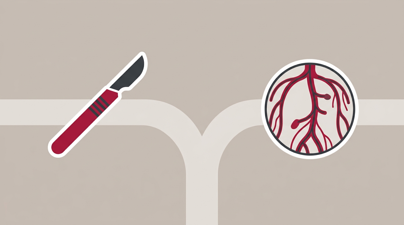 flat illustration showing two diverging neuropathy treatment paths surgical and biological restoration