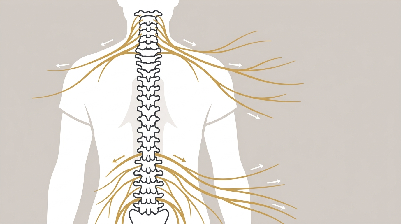 spine and nerve pathway diagram showing how the Nerve Restoration Protocol approaches neuropathy care in Morton IL