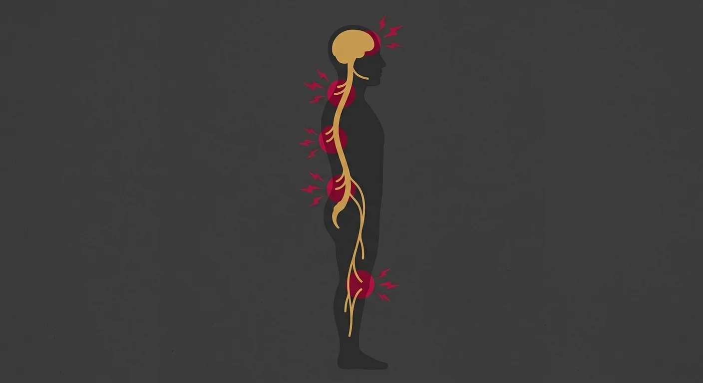 flat illustration showing multiple chronic pain sites connected by a central nervous system pathway through the spine