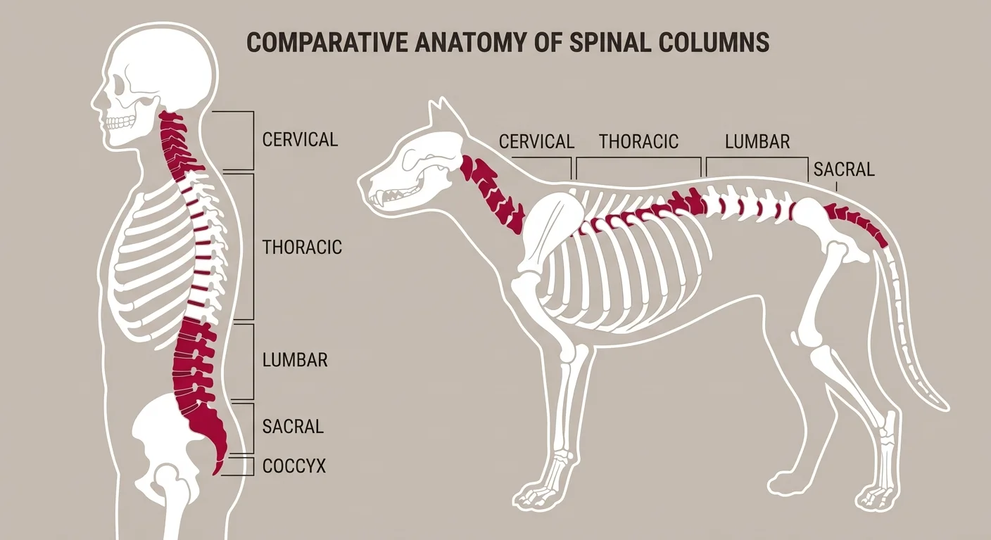 flat illustration comparing human and animal spinal anatomy showing structural similarities