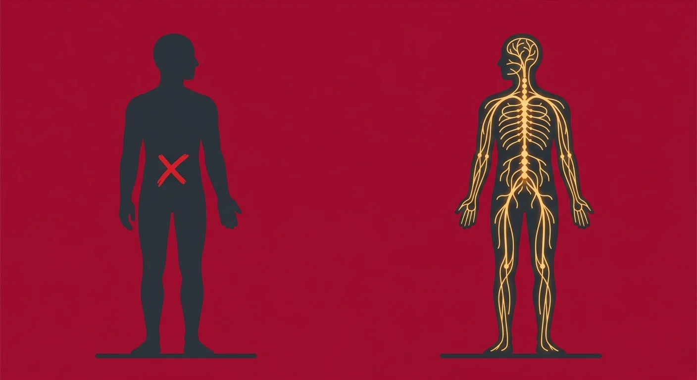 flat illustration contrasting symptom-focused care with whole-organism systems care