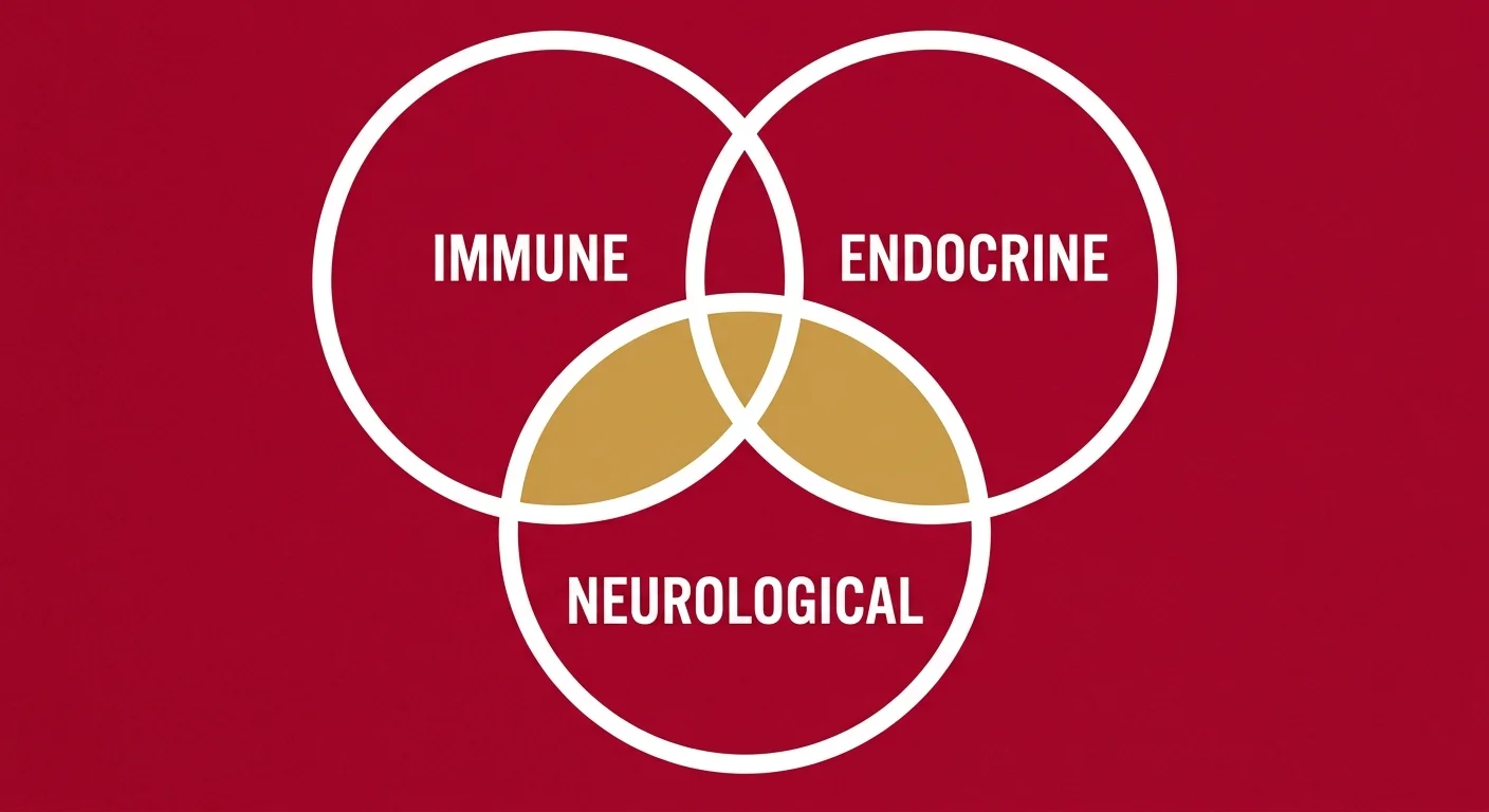 flat illustration of interconnected biological systems showing immune endocrine and neurological networks converging