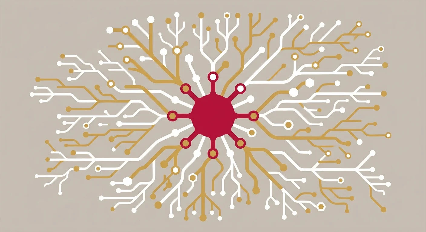 flat illustration of biological system pathways showing interconnected nodes and central hub representing systems analysis