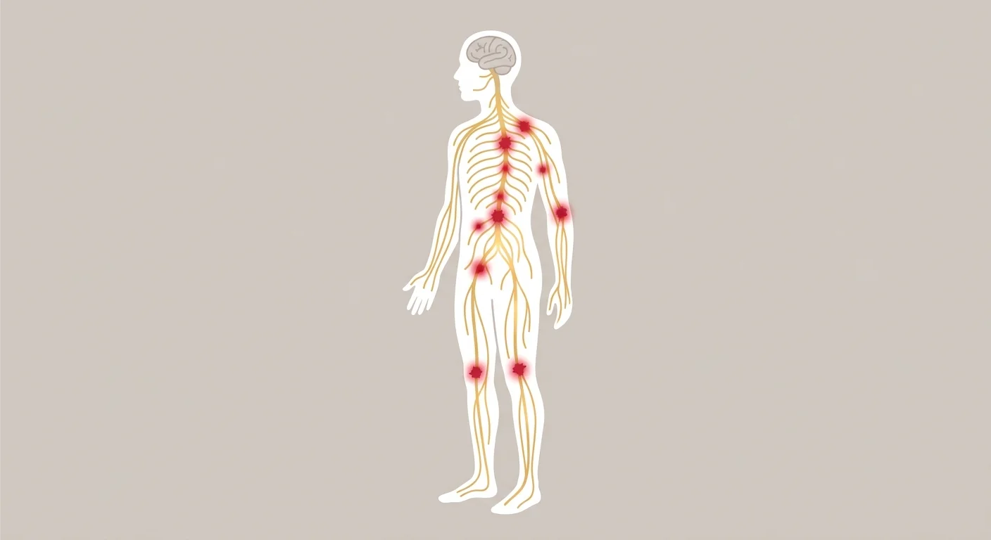flat illustration of nervous system pathways showing disruption and restoration in chronic pain treatment
